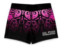 Black gymnastics shorts with pink and purple pattern and 'All Starz Gymnastics' text on a white background