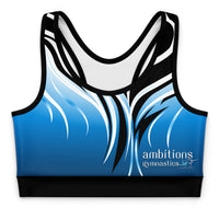 Blue and black gymnastics tank top with 'ambitions gymnastics' branding on a white background