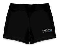 Black shorts with 'ambitions gymnastics' logo on a white background