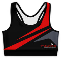 Black and red sports bra with 'Kymnastics Gymnastics Studio' logo on a white background