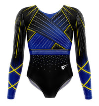 Aspire Elite Yellow and Blue Competition Long Sleeve Girls Gymnastics Leotard