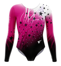 Pink and black leotard with star patterns on a white background