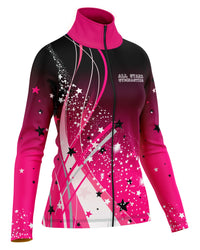 Pink and black jacket with star patterns and 'All Star Gymnastics' text on a white background
