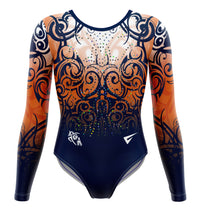 Gymnastics leotard with orange, navy blue, and white pattern on a white background
