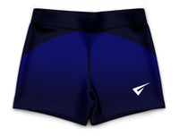 Blue athletic shorts with a black waistband on a white background