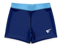 Blue athletic shorts with a white logo on a white background