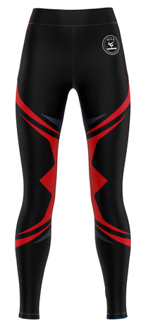 Black leggings with red geometric patterns on a white background