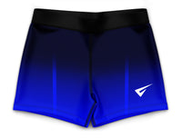 Blue athletic shorts with a black waistband on a white background