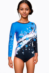 Spectacular in Blue and Black Long Sleeve Deluxe Gymnastics Leotard