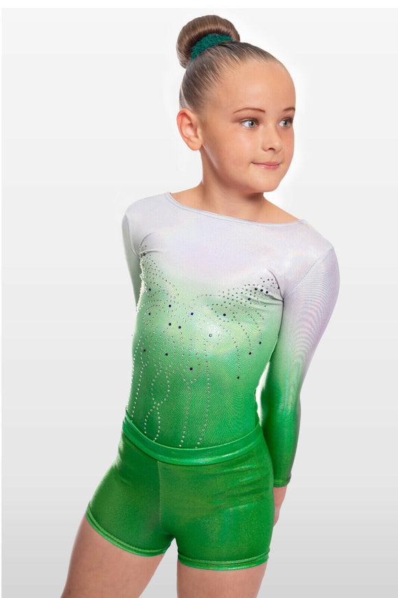Radiant Silver to Green Ombre Long Sleeve Leotard and Gym Shorts Combination