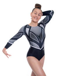 Destiny Black And White Long Sleeve Gymnastics Leotard