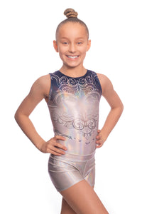 Elegant Shiny Foil Sleeveless Leotard And Shorts Activewear Set