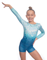 Impulse Turquoise Shiny Foil Long Sleeve Leotard And Shorts Activewear Set