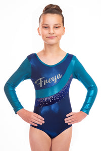 Personalised Jazmin In Navy Blue And Turquoise Long Sleeved Gymnastics Leotard