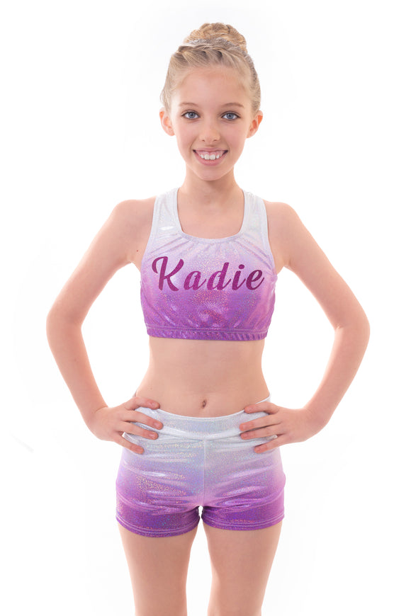 Personalised Metallic Silver to Purple Ombre Crop Top and Gym Shorts Set