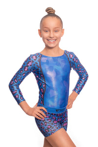 Wild Blue Leopard Print Long Sleeve Leotard and Gym Shorts Activewear Set