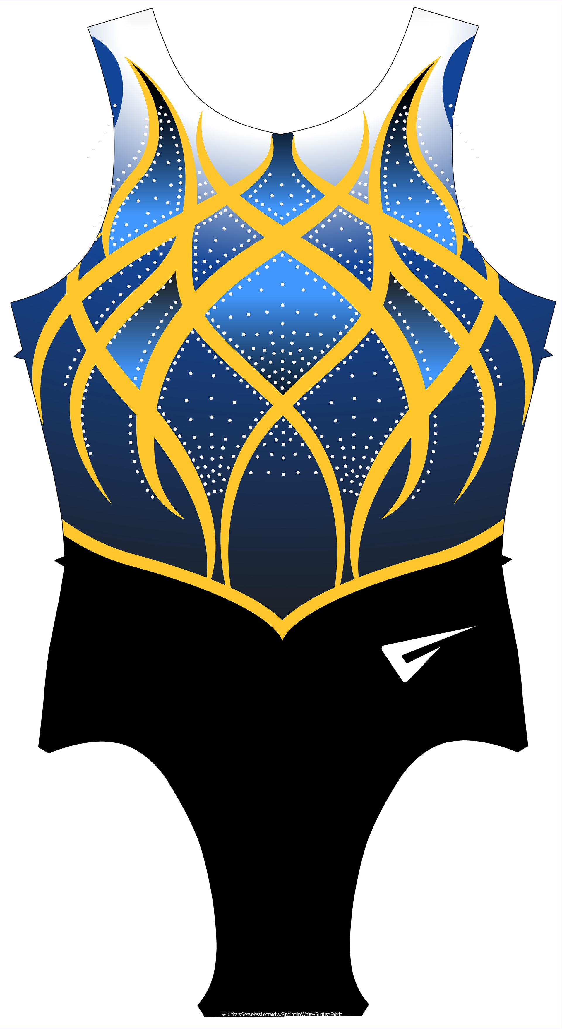 A sleeveless black gymnastics leotard with blue and gold geometric patterns and a white logo on the lower right side.