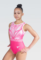 Sleeveless pink girls' gymnastics leotard, front view