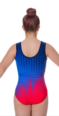 Person wearing a blue and red leotard on a white background