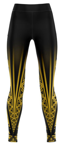 Black and gold athletic leggings suitable for gymnastics, dance and general activewear