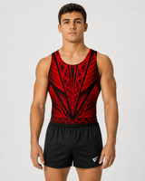 Young male gymnast wearing the Dynamite Isla red sleeveless gymnastics leotard with black shorts