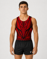 Young male gymnast wearing the Dynamite Isla red sleeveless gymnastics leotard with black shorts