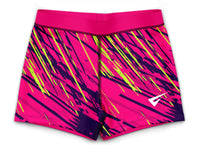 Brightly colored athletic shorts with a pattern on a white background