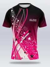 Gymnastics shirt with pink and black design on a gray background