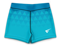Blue athletic shorts with a geometric pattern on a white background