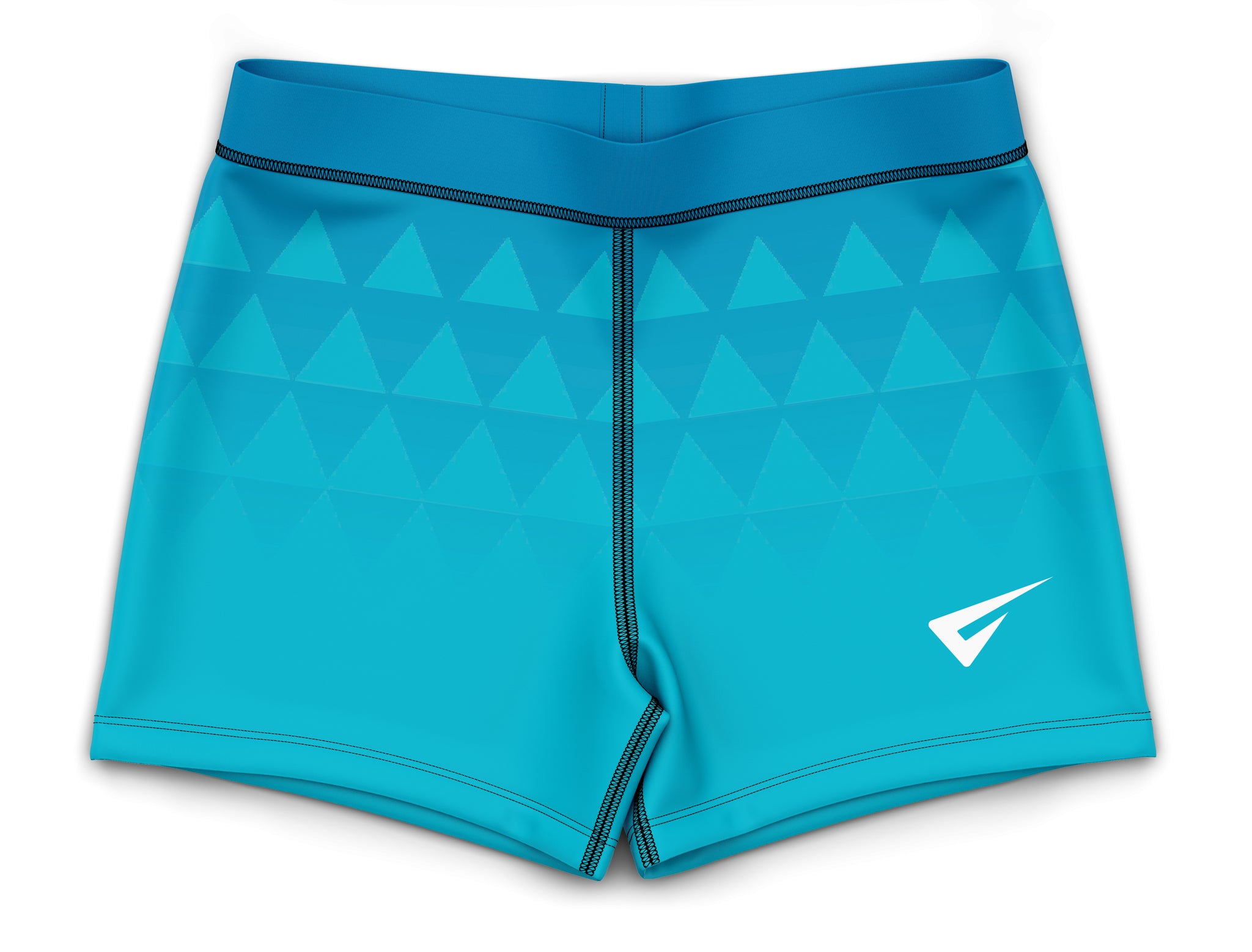 Blue athletic shorts with a geometric pattern on a white background
