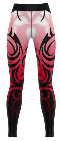 Red gym leggings laid flat showing full length and streamlined fit