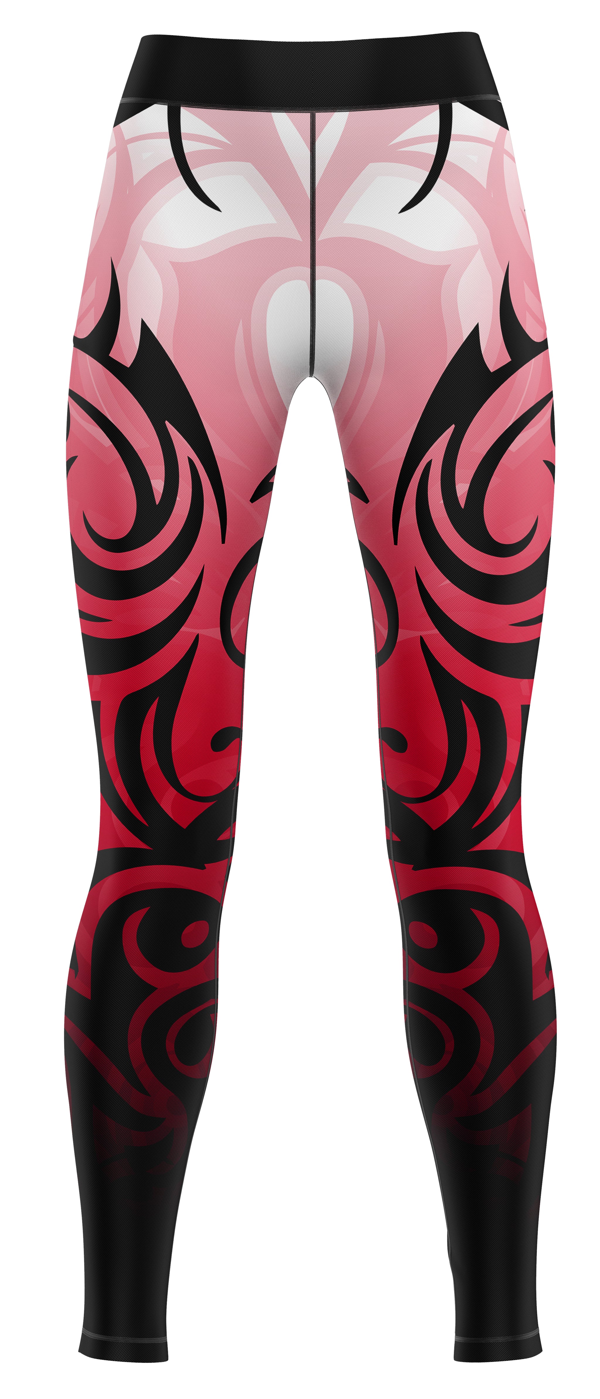 Red gym leggings laid flat showing full length and streamlined fit