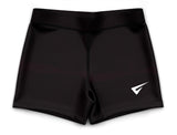 Black hipster-style girls gymnastics shorts on plain background