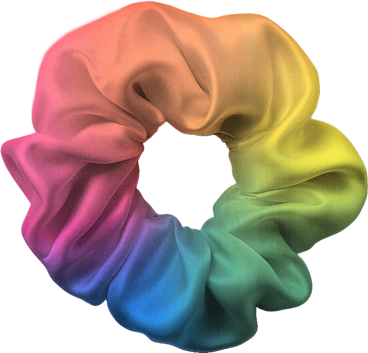 Multicolored scrunchie with a gradient of pink, orange, yellow, green, blue, and purple on a white background.