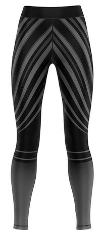 Pair of blue girls' athletic leggings laid flat showing full-length fit