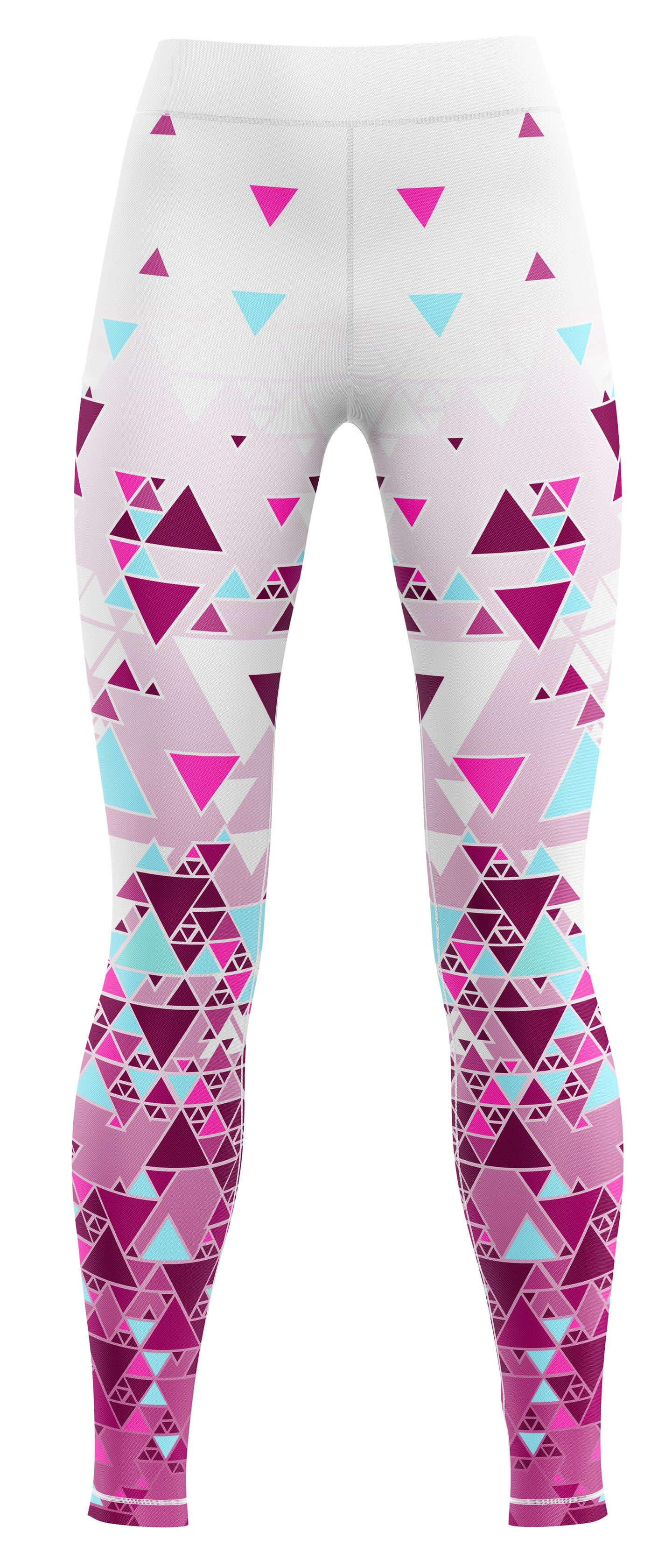 Blue athletic leggings laid flat on a plain background