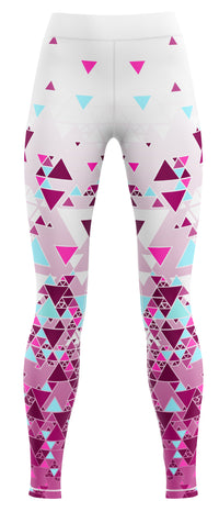 Blue athletic leggings laid flat on a plain background