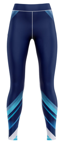 Blue girls' athletic leggings laid flat