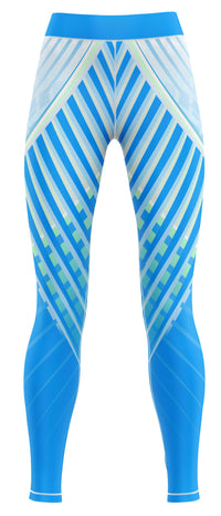 Pair of blue activewear leggings laid flat on a neutral background