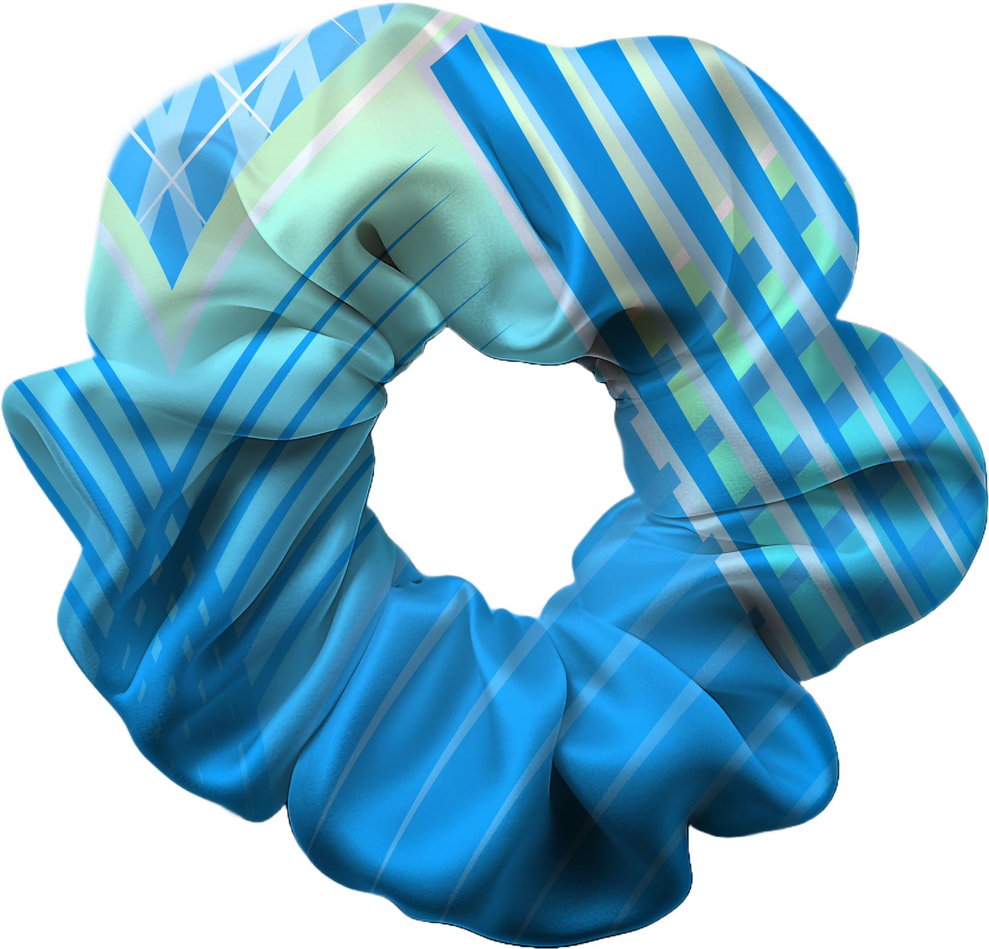 Blue and green striped scrunchie on a white background