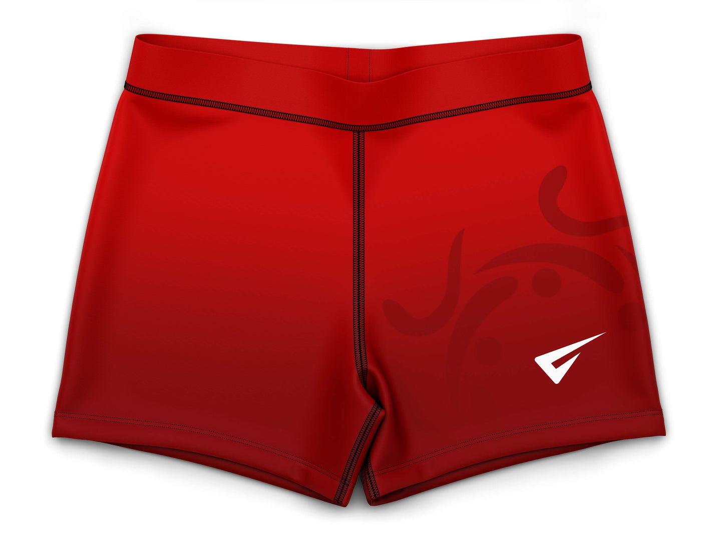 Red athletic shorts with a logo on a white background