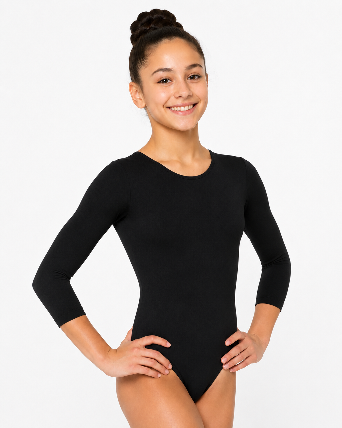 Black Training Gymnastucs and Ballet Exam Leotard 3/4 Length Long Sleeve Leotard for Girls
