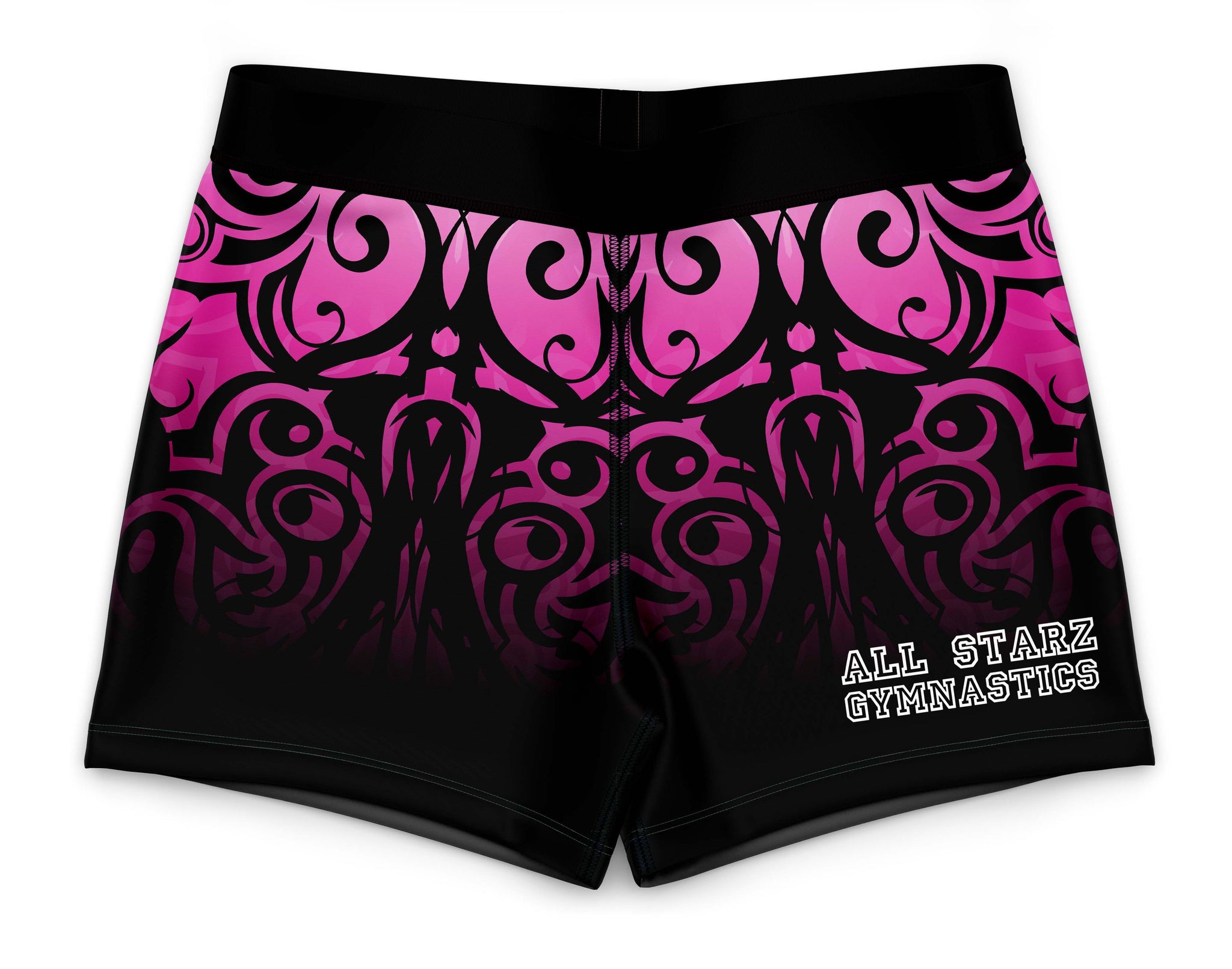 Black gymnastics shorts with pink and purple pattern and 'All Starz Gymnastics' text on a white background