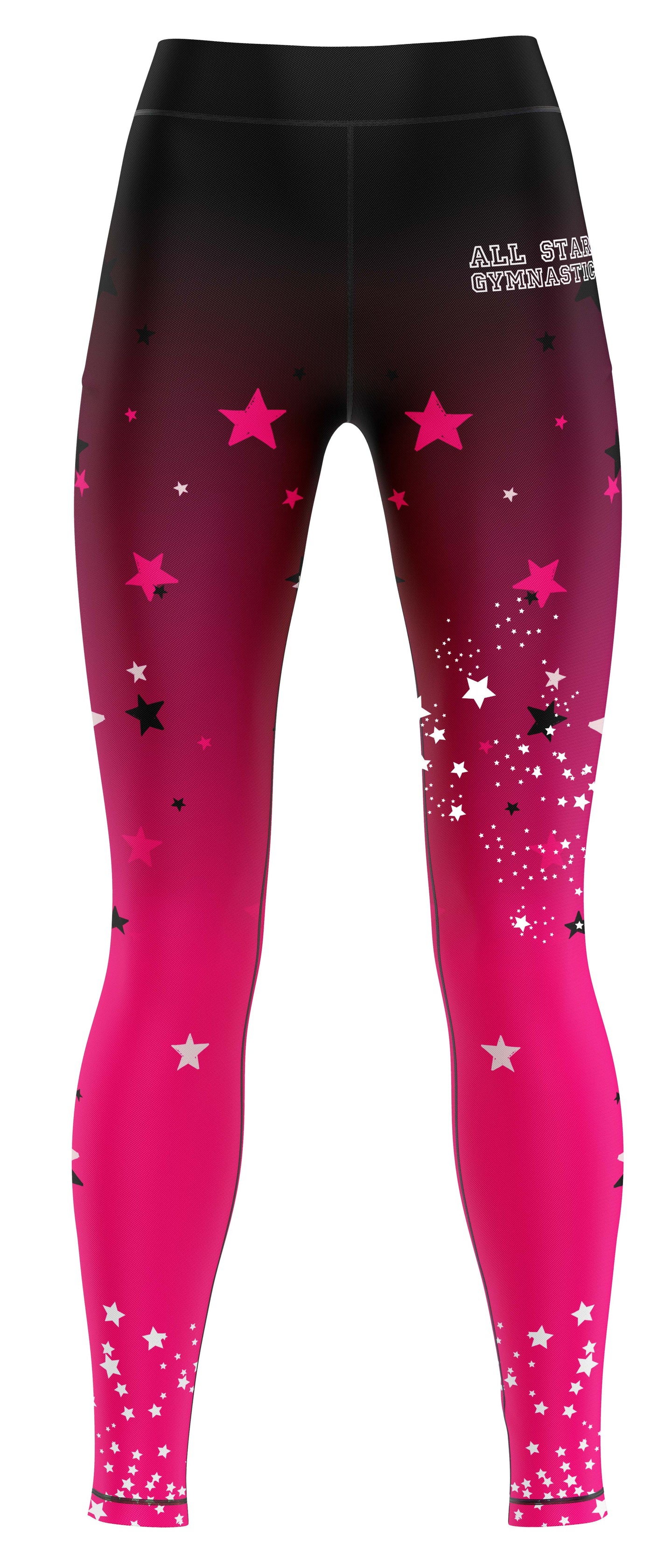 Pink and black leggings with star patterns and 'All Star Gymnastics' text on a white background