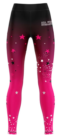 Pink and black leggings with star patterns and 'All Star Gymnastics' text on a white background