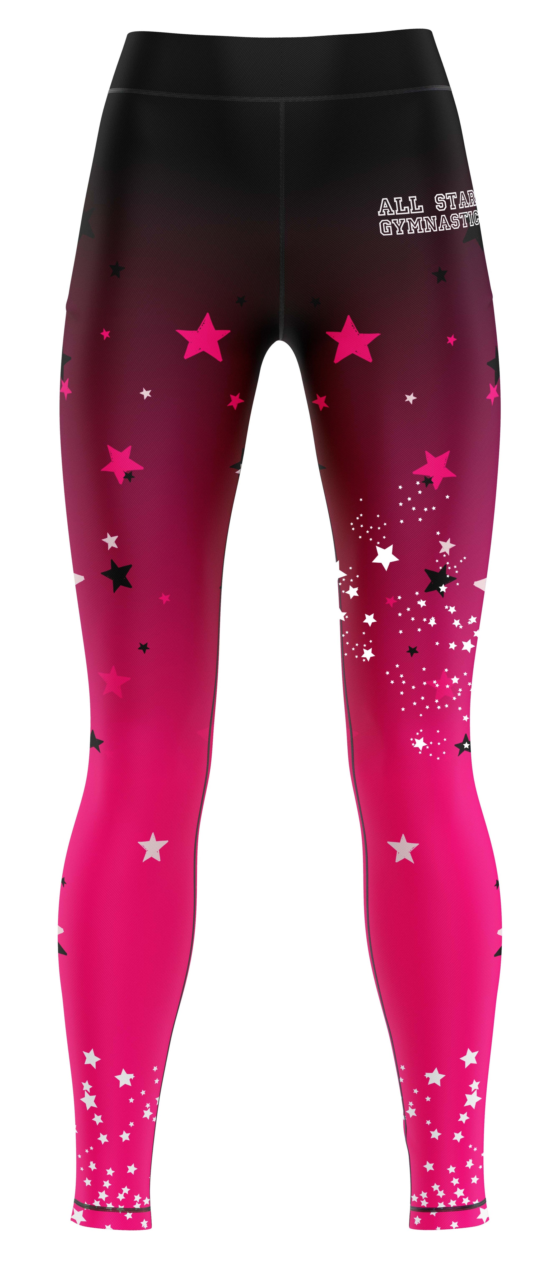 Pink and black leggings with star patterns and 'All Star Gymnastics' text on a white background