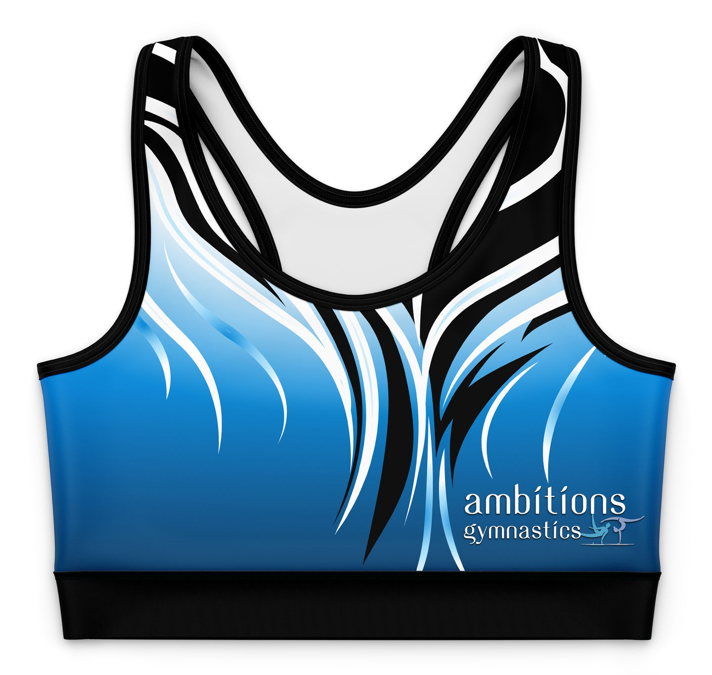 Blue and black gymnastics tank top with 'ambitions gymnastics' branding on a white background