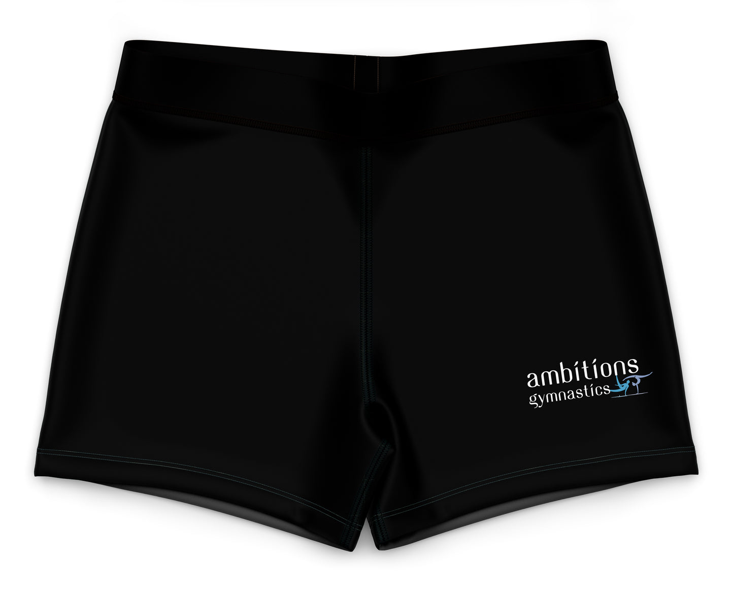 Black shorts with 'ambitions gymnastics' logo on a white background