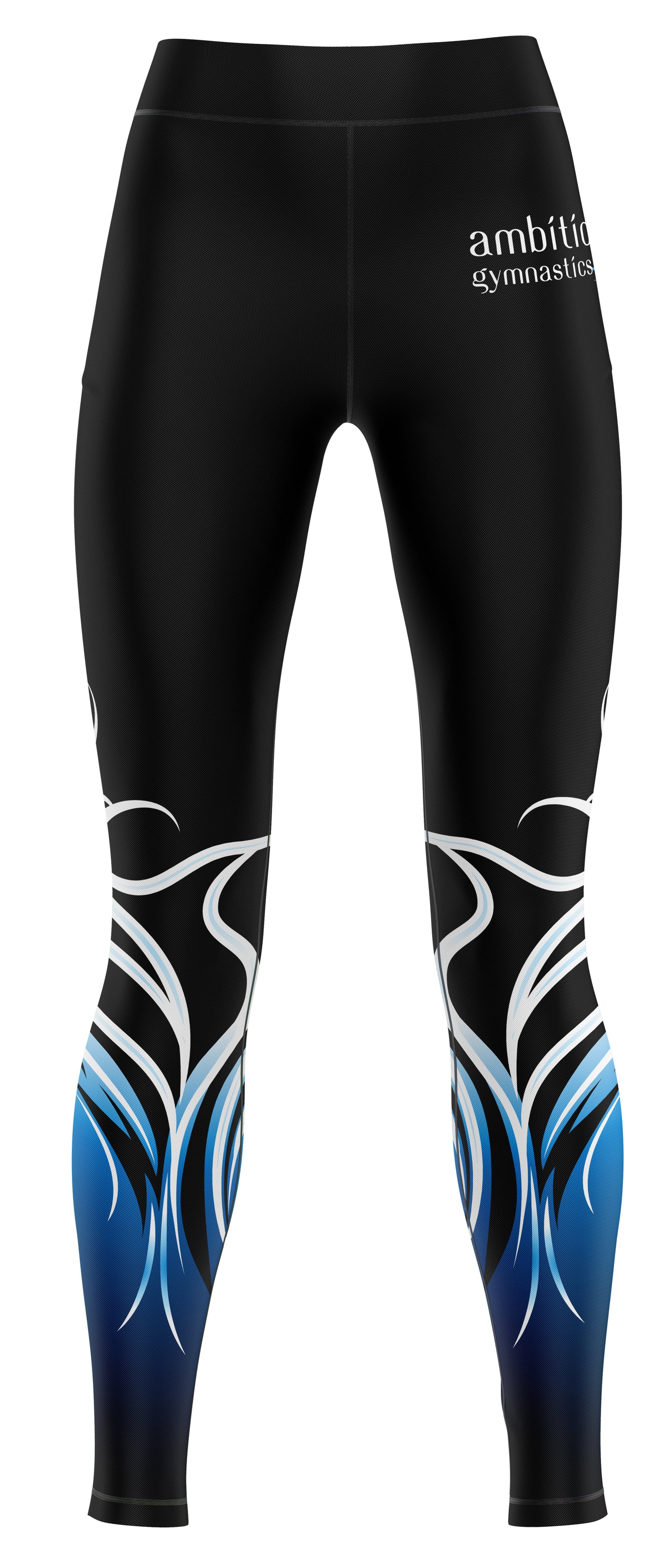 Black leggings with blue and white designs and 'ambition gymnastics' text on a white background