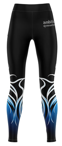 Black leggings with blue and white designs and 'ambition gymnastics' text on a white background